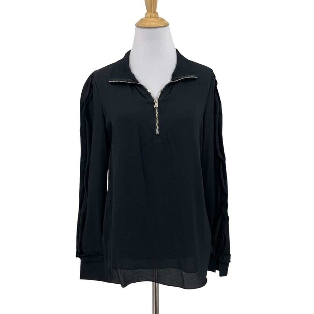 3.1 Phillip Lim Shirt Womens 4 Black Silk Ruffle Long Sleeve Quarter Zip Blouse - Picture 1 of 15